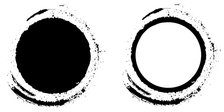 Black Grunge Round Frames and Brushes. Black Grunge Brush Stroke Round Shapes. 