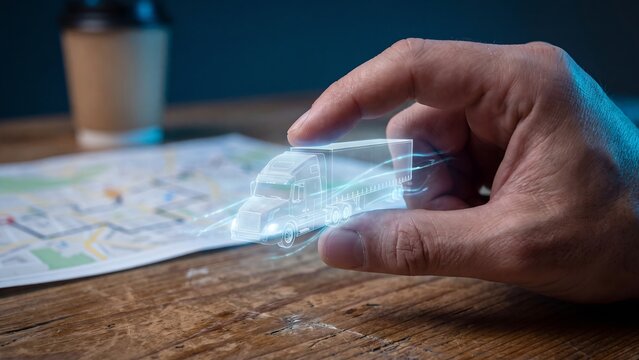 Freight logistics truck delivery management platform, hand holding glowing holographic truck above city route map on wooden desk, fleet tracking, supply chain transport and cargo shipment operations