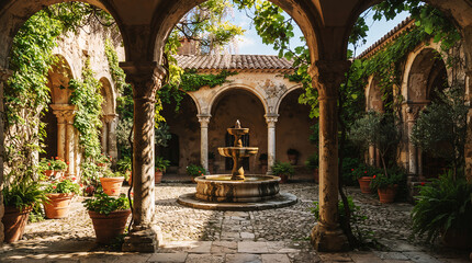 Fototapeta premium Stone courtyard with tiered fountain, arches, and potted plants architecture