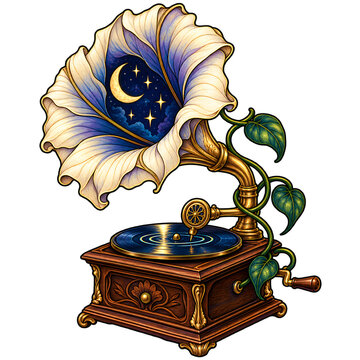 Whimsical Floral Gramophone with Crescent Moon and Stars