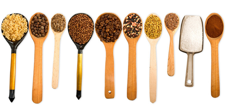 Collection of spices and ingredients on wooden spoons arranged isolated on transparent background, PNG file