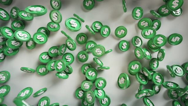 Falling Green Coins With Dollar Symbols 3D Render