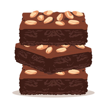 A stack of three delicious chocolate brownies topped with crunchy peanuts in a flat vector illustration style for bakery menu design and food advertising isolated on transparent background, Vector