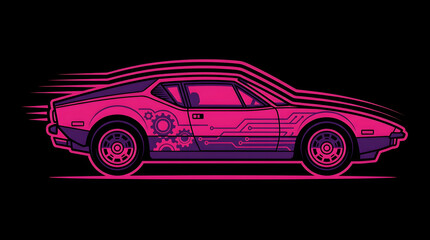 Fototapeta premium Retro 80s Cyberpunk Sports Car Moving at High Speed Vector Illustration. Futuristic 1980s Style Supercar Concept Illustration in Neon Pink and Purple.