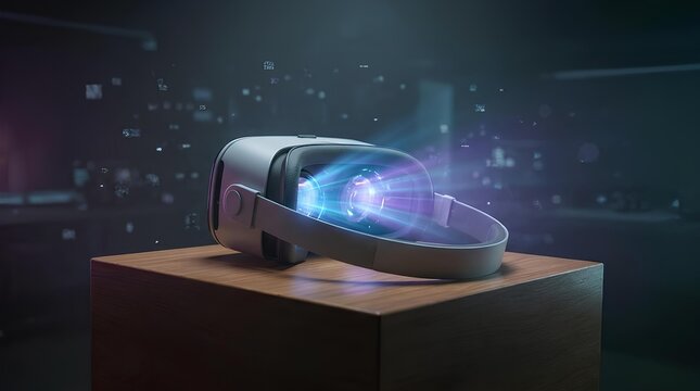 Virtual reality headset on a wooden pedestal with digital light effects.