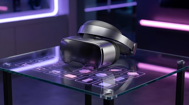 Virtual reality headset on transparent glass table with glowing digital icons.