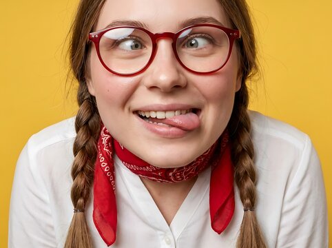 Funny young woman with braided hair wearing red glasses and making a silly face against yellow background