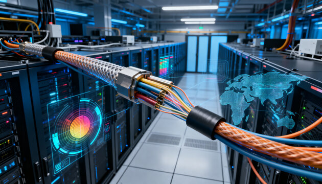 High speed fiber optic data cable connecting global server room infrastructure with futuristic digital interface holograms