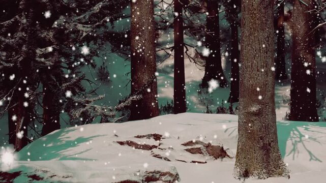 Snow covers the ground in a forest setting. Tall trees surround the area. Snowflakes drift down from the sky, adding to the wintry scene. It appears to be cold with a winter atmosphere.