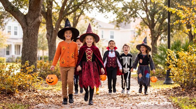 Group of children in Halloween costumes walking down a path, carrying pumpkin buckets, surrounded by trees and autumn foliage in a suburban neighborhood