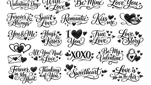 Black-and-white romantic script designs for Valentine's Day. Heart motifs and phrases adorn the collection. Perfect for greeting cards, designs, or print projects