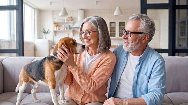 Senior couple interacts with beagle dog while sitting on a sofa in a bright, modern living room with large windows and stylish decor