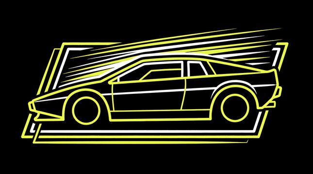 Yellow Wedge Sports Car Pop-Up Headlights Synthwave Aesthetic Vector. Modern Retro Sports Car Graphic Artwork Isolated on Dark Background.