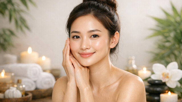 Soft lighting highlights her gentle smile. Hands cradle her face in a tender pose. Candles glow warmly behind her. White orchids and greenery frame the scene. Stone zen elements add calming ambiance