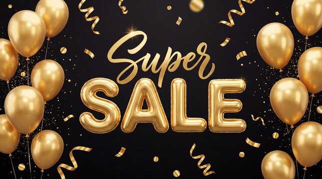 Golden balloons and confetti surround the text "Super Sale" in a festive design on a black background for promotional events