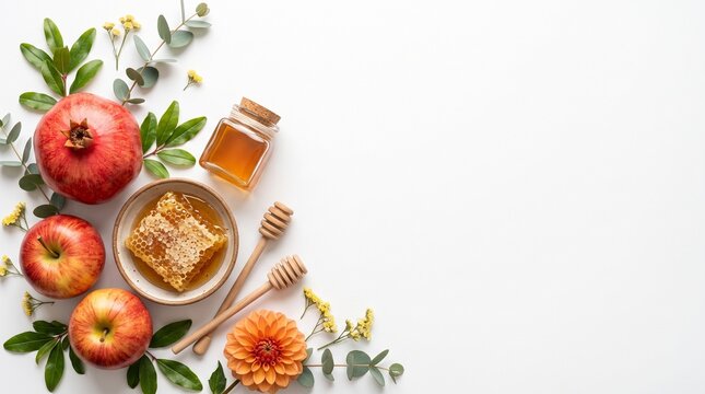 Rosh Hashanah holiday mock up background. Flat lay greeting card template with apples, honey, honeycomb, pomegranate, and flowers on white backdrop with blank copy space for Jewish New Year design