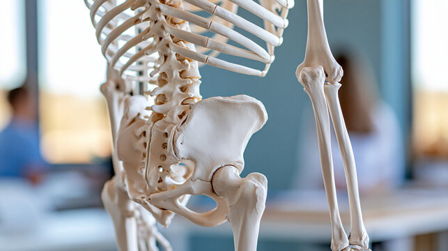 Detailed closeup image of human skeleton illustrating hip joint and rib cage, taken in well-lit medical setting, emphasizing anatomy, defocused educational anatomical display,