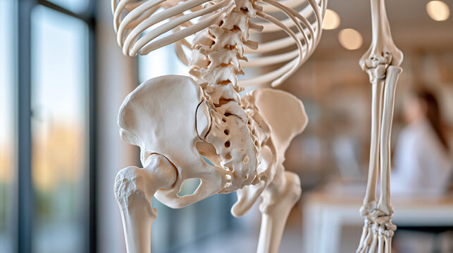 Detailed closeup image of human skeleton illustrating hip joint and rib cage, taken in well-lit medical setting, emphasizing anatomy, defocused educational anatomical display,