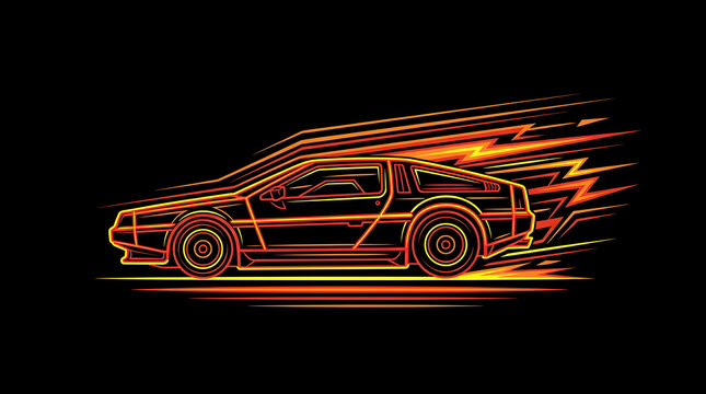 Glowing Neon Red Vintage Sports Coupe Dynamic Speed Art Print. Retro wave Classic Supercar Side View Graphic T-Shirt Design Illustration.