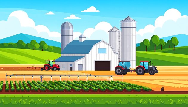 Vector illustration of a farm with a white barn, silos, and tractors under a blue sky.