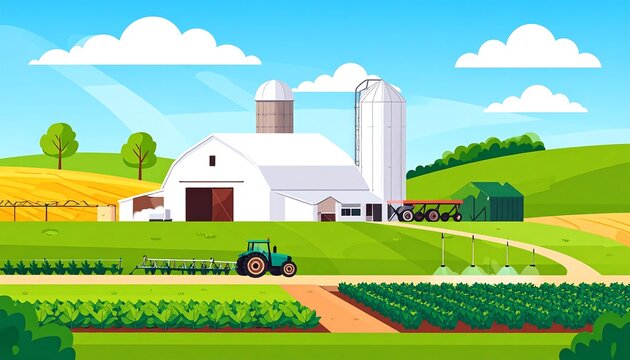 Flat vector illustration of a scenic farm with a white barn, silos, and a green tractor.