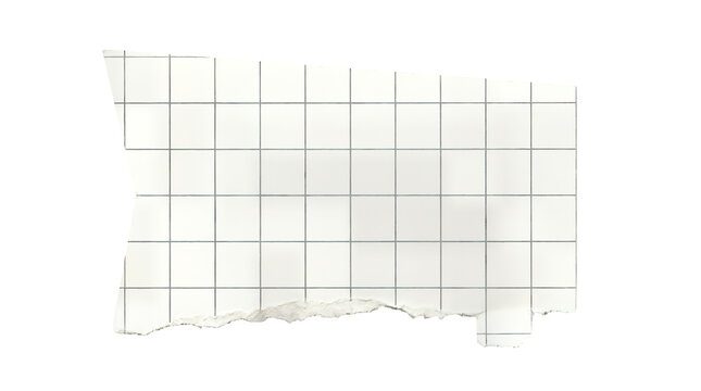 Torn graph paper scrap on white background, ripped checkered notebook page piece, textured white grid paper fragment for collage