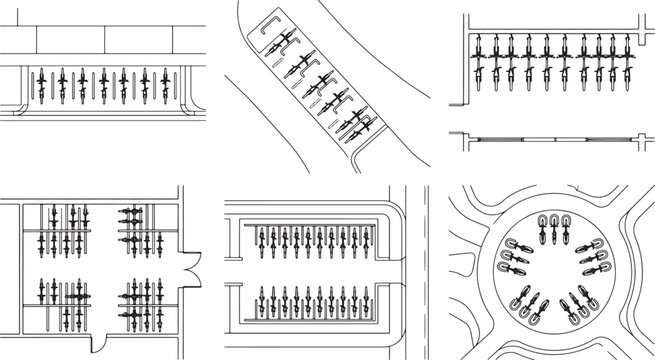 Architectural floor plan diagrams showing various bicycle parking layouts and storage configurations for urban planning and design