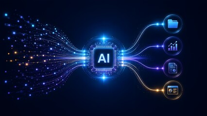Naklejka premium Artificial intelligence microprocessor routing digital data streams to document folders and analytics dashboards for automated business management.