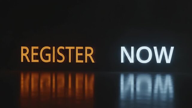 Register now text illuminated in yellow and white glowing letters on black background