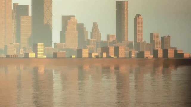 Buildings rise alongside the water as the sun sets. The scene shows reflections on the surface creating a colorful view of the city. This moment captures the end of the day.