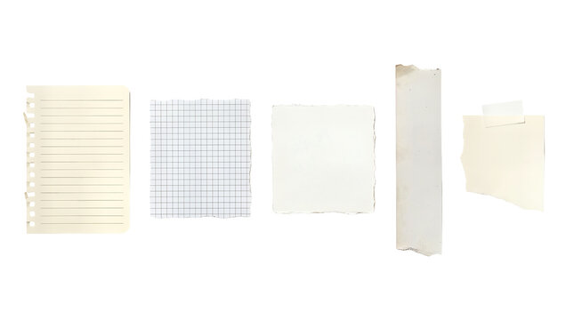 Vintage paper scraps collection, torn notebook pages and grid paper set, aged stationery elements on white background