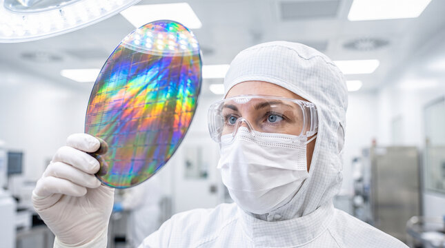 Engineer wearing sterile protective cleanroom suit examining colorful iridescent silicon wafer holding microchip component inside bright advanced electronic technology manufacturing laboratory