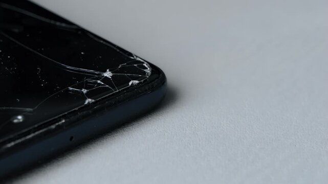 Close up view of smartphone with severely cracked display glass, multiple impact points, spiderweb pattern damage across surface