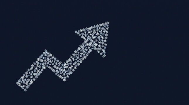 Rising arrow of snowflakes on navy winter growth minimal graphic with large copy space
