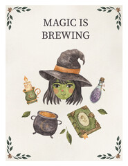 Watercolor witch poster with magic cauldron, potion and spell book, Magic Is Brewing Halloween wall art © An Chubenko