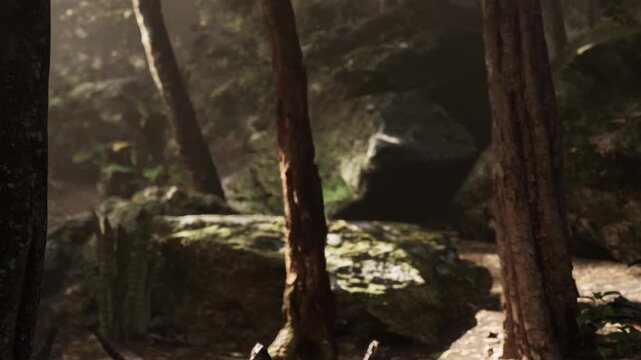 Sunlight filters through trees in a forest setting. Large rocks and natural greenery can be seen along a dirt path. It is a warm day, perfect for exploring nature.