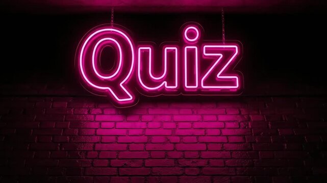 Glowing pink neon sign displaying the word Quiz against a dark brick wall