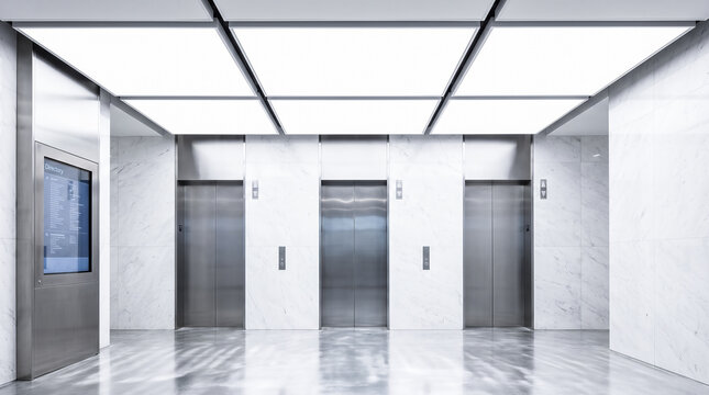 Three stainless steel elevator doors standing closed inside modern corporate office lobby featuring polished marble walls reflecting bright overhead ceiling lighting panels beautifully