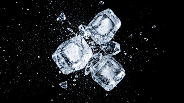 Clear square ice cubes shattering violently into tiny flying frozen crystal shards exploding outwards dynamically against completely dark pitch black studio background