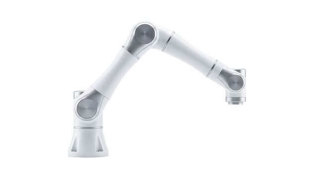 Robotic arm manipulator mechanical joint industrial automation machine modern factory assembly manufacturing equipment isolated over pure white background leaving ample blank copy studio shot
