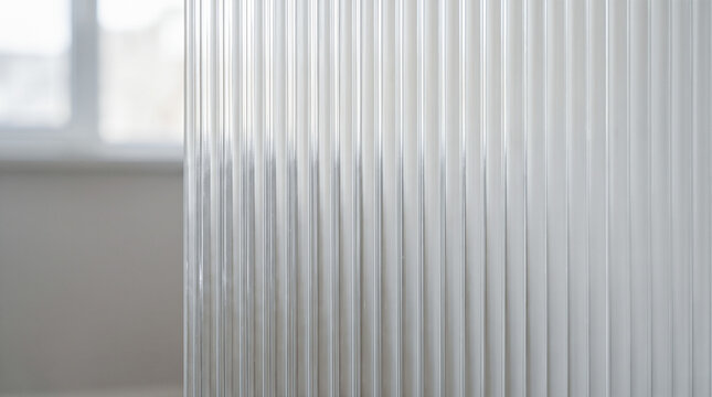 Close up vertical corrugated translucent glass panel dividing modern interior room obscuring bright window background providing privacy pure architectural structural element