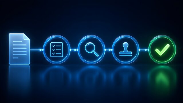 Digital document approval process concept with glowing blue neon icons showing workflow stages from document creation to checkmark completion