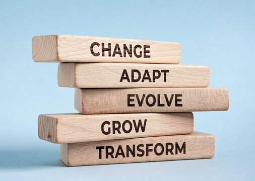 Wooden blocks showing change, adapt, evolve, grow, transform