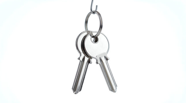 Two shiny silver metal keys hanging vertically from steel hook attached to round ring against completely blank white studio backdrop showing security concept