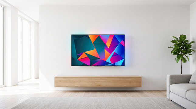 Large flat screen television displaying colorful geometric abstract shapes mounted onto white wall above wooden cabinet inside minimalist brightly lit contemporary living apartment