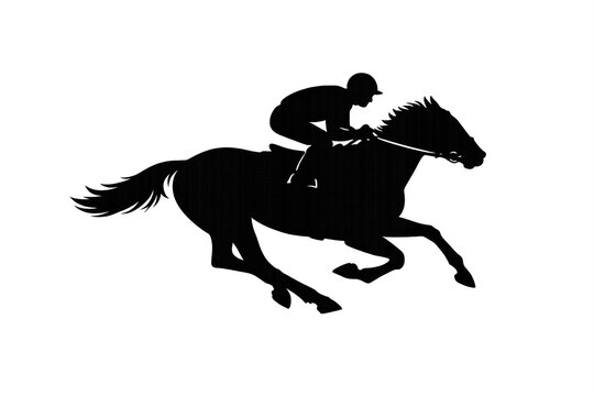 Black silhouette of a rider on a galloping horse. Dynamic pose captures motion and energy. Ideal for themes of speed, competition, or adventure. Simple graphic design with clean contrast