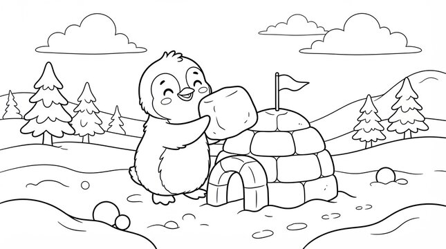 Cute cartoon penguin building an igloo in a snowy winter landscape coloring page for kids