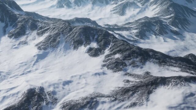 Mountains are covered in snow with rocky surfaces visible. Clouds are present in the sky, creating a cold atmosphere. The scene shows the rugged terrain and natural landscape in winter.