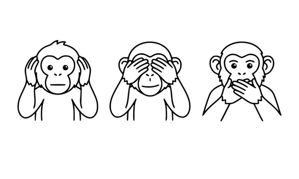 Minimal three wise monkeys line drawing set showing covered ears eyes and mouth for traditional wisdom proverb vector illustration