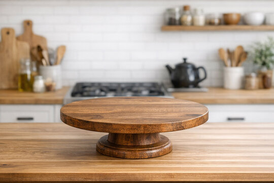 Wooden cake stand sits on kitchen counter. Light wood grain shows warm, natural texture. Backdrop includes stove, shelves, and rustic utensils. Soft focus highlights the stand's circular shape